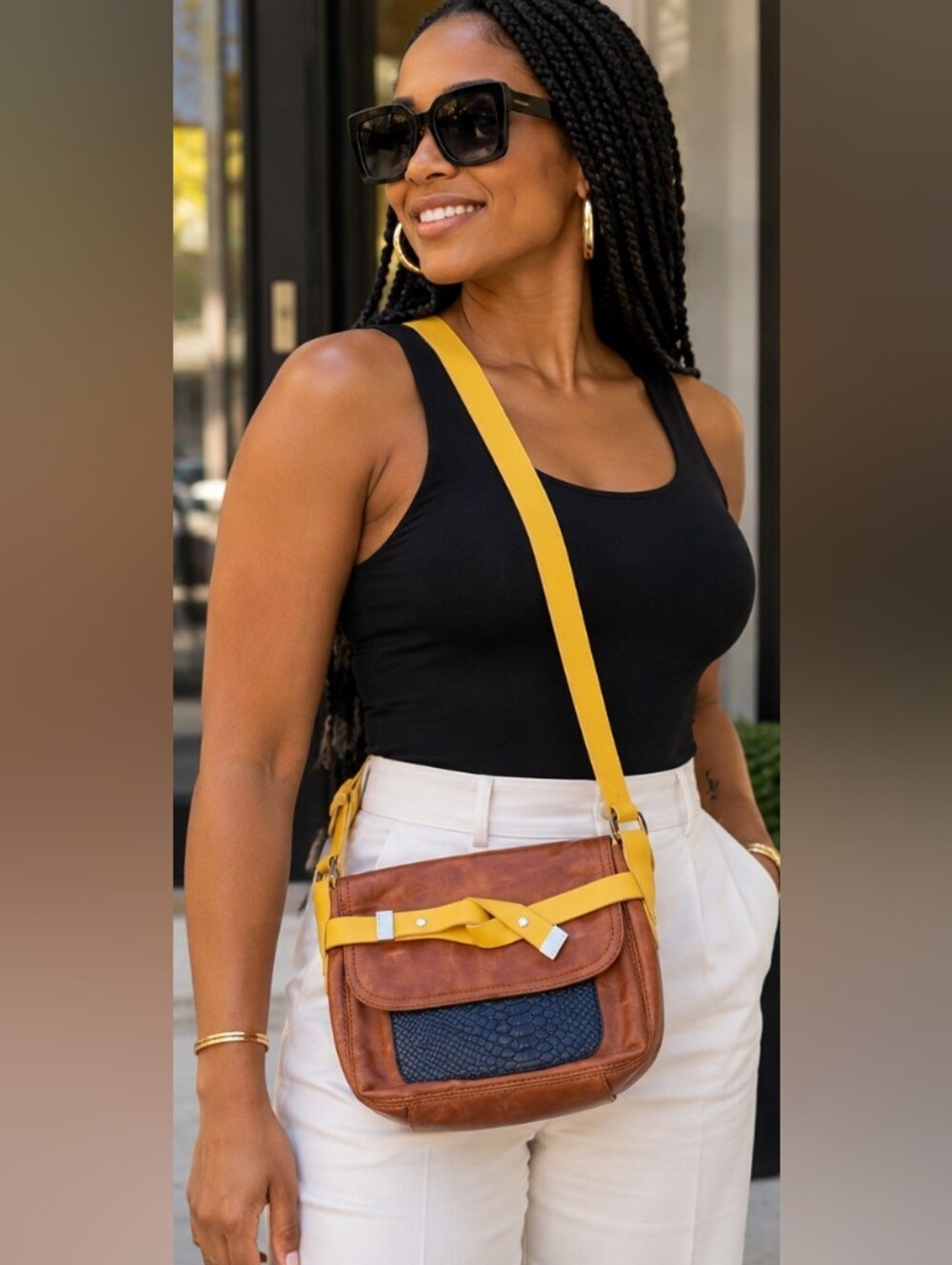 Ted Baker Brown Crossbody with Yellow Strap and Navy Front Accent